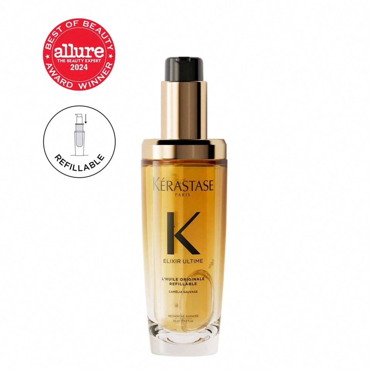 Kerastase Elixir Ultime Refillable Hair Oil -75ml- Hydrates & Smoothes Frizz, Adds Shine, With Wild Camellia, Sandalwood and Freesia Fragrance, Nourishes & Strengthens Hair