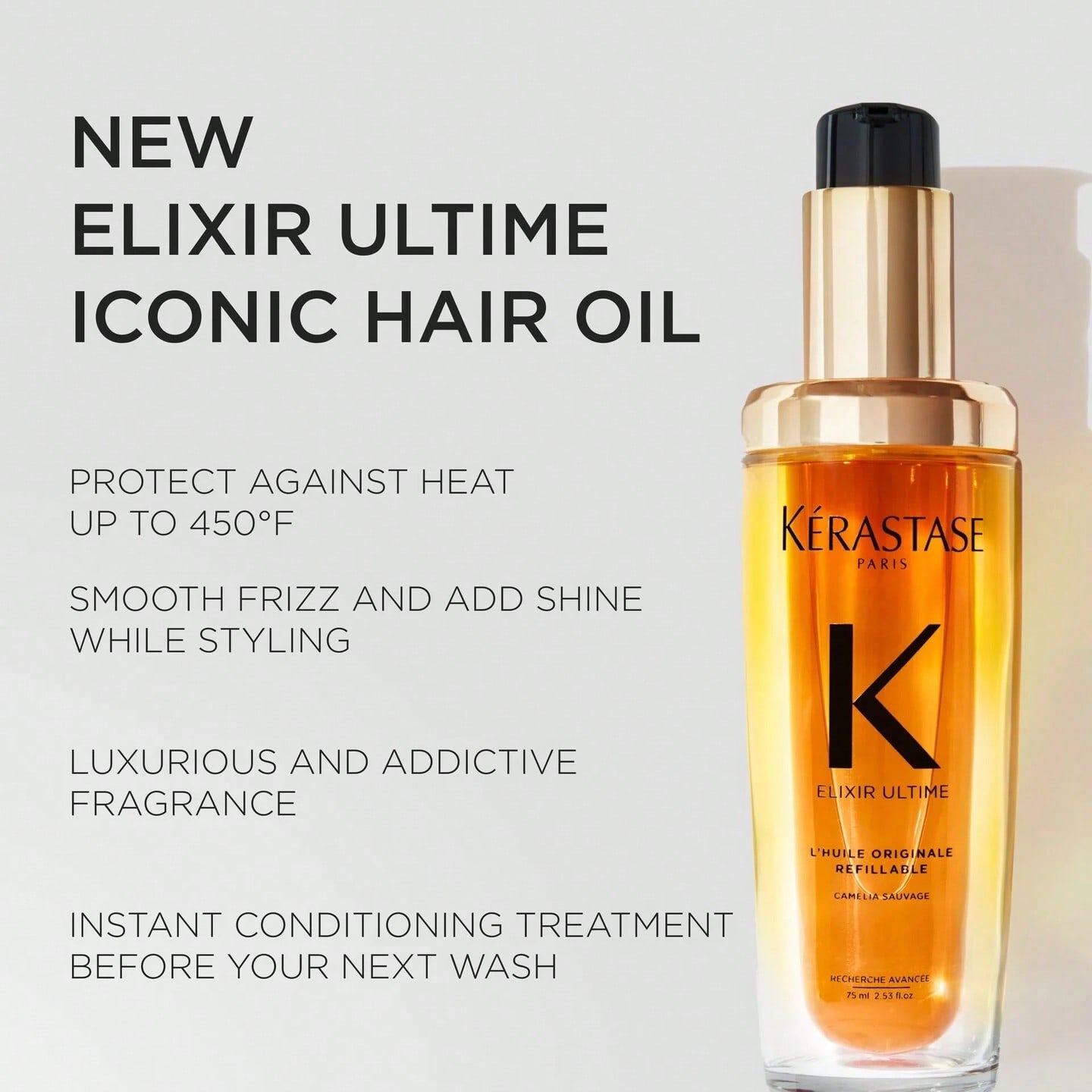 Kerastase Elixir Ultime Refillable Hair Oil -75ml- Hydrates & Smoothes Frizz, Adds Shine, With Wild Camellia, Sandalwood and Freesia Fragrance, Nourishes & Strengthens Hair