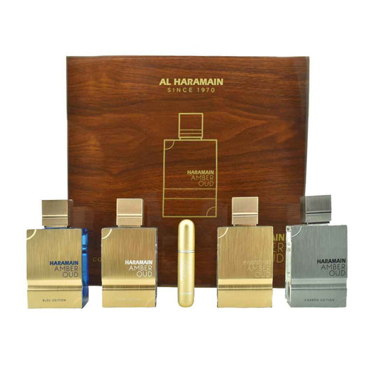 Colección Amber Oud de Al Haramain - Gold, Blue, White, Carbon - Vaporizador EDP de 4 x 60 ml (2.0 oz) - Set de regalo de lujo de colonia y perfume unisex para hombres y mujeres - Fragancia árabe de larga duración (paquete)