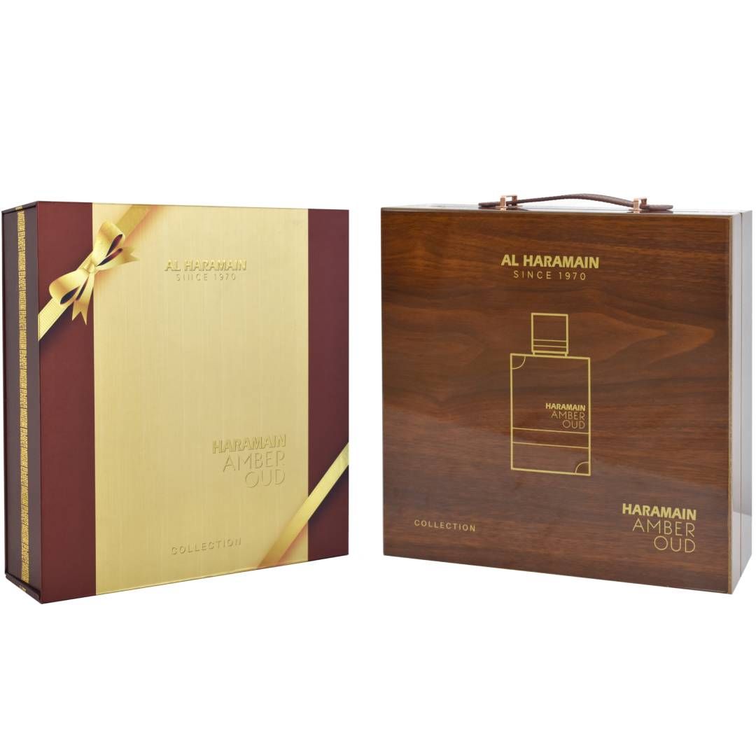 Colección Amber Oud de Al Haramain - Gold, Blue, White, Carbon - Vaporizador EDP de 4 x 60 ml (2.0 oz) - Set de regalo de lujo de colonia y perfume unisex para hombres y mujeres - Fragancia árabe de larga duración (paquete)