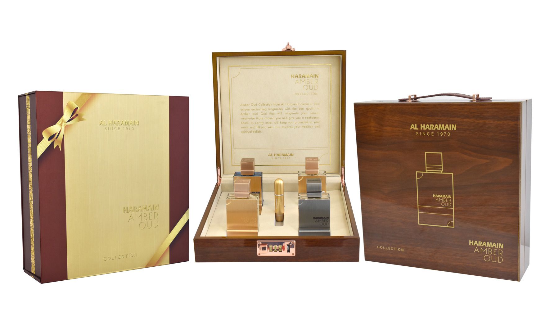 Colección Amber Oud de Al Haramain - Gold, Blue, White, Carbon - Vaporizador EDP de 4 x 60 ml (2.0 oz) - Set de regalo de lujo de colonia y perfume unisex para hombres y mujeres - Fragancia árabe de larga duración (paquete)