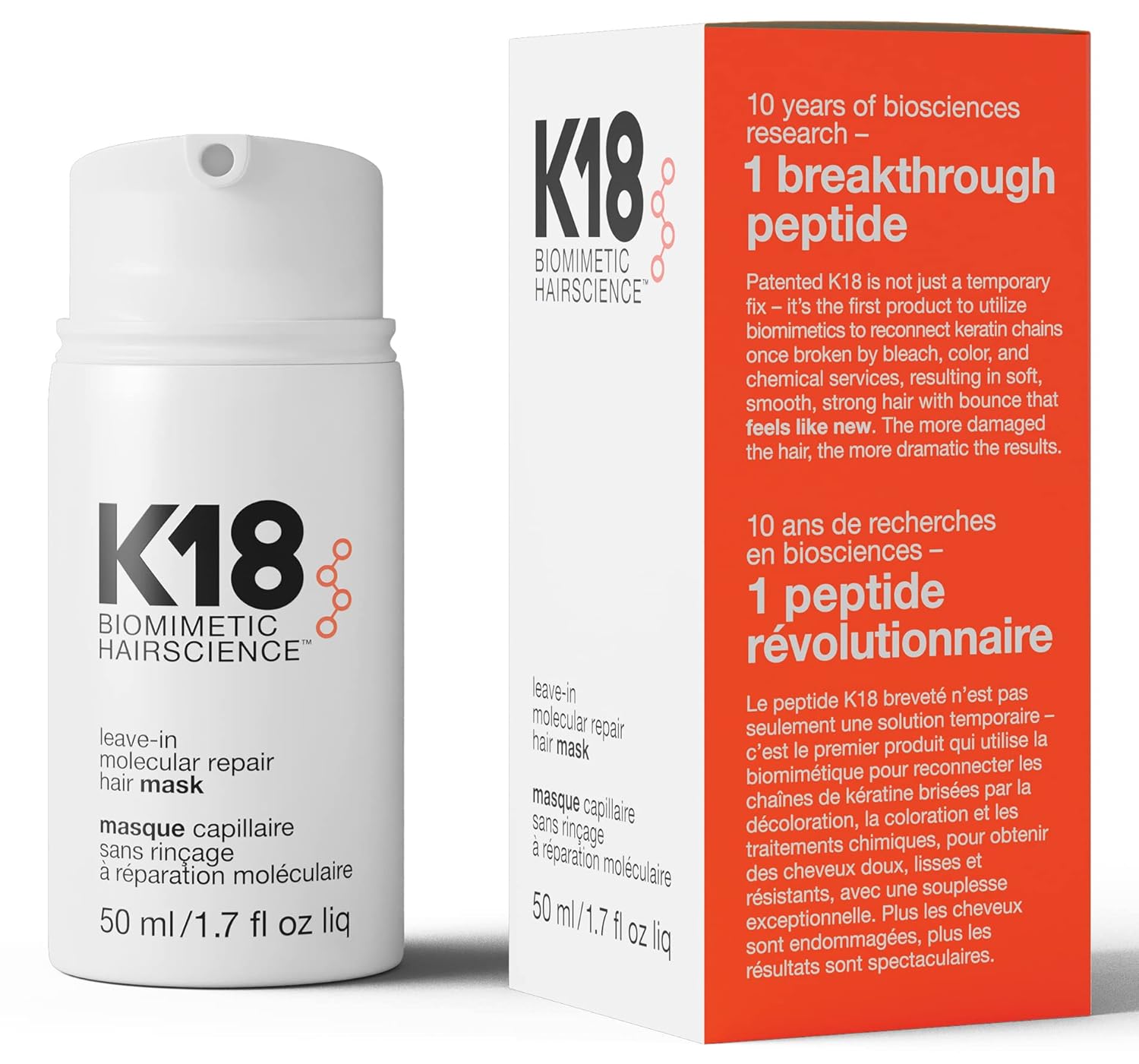 Mascarilla capilar molecular sin aclarado K18, repara el cabello seco o dañado, revierte el daño capilar causado por la decoloración, el tinte, los servicios químicos y el calor - 50ml