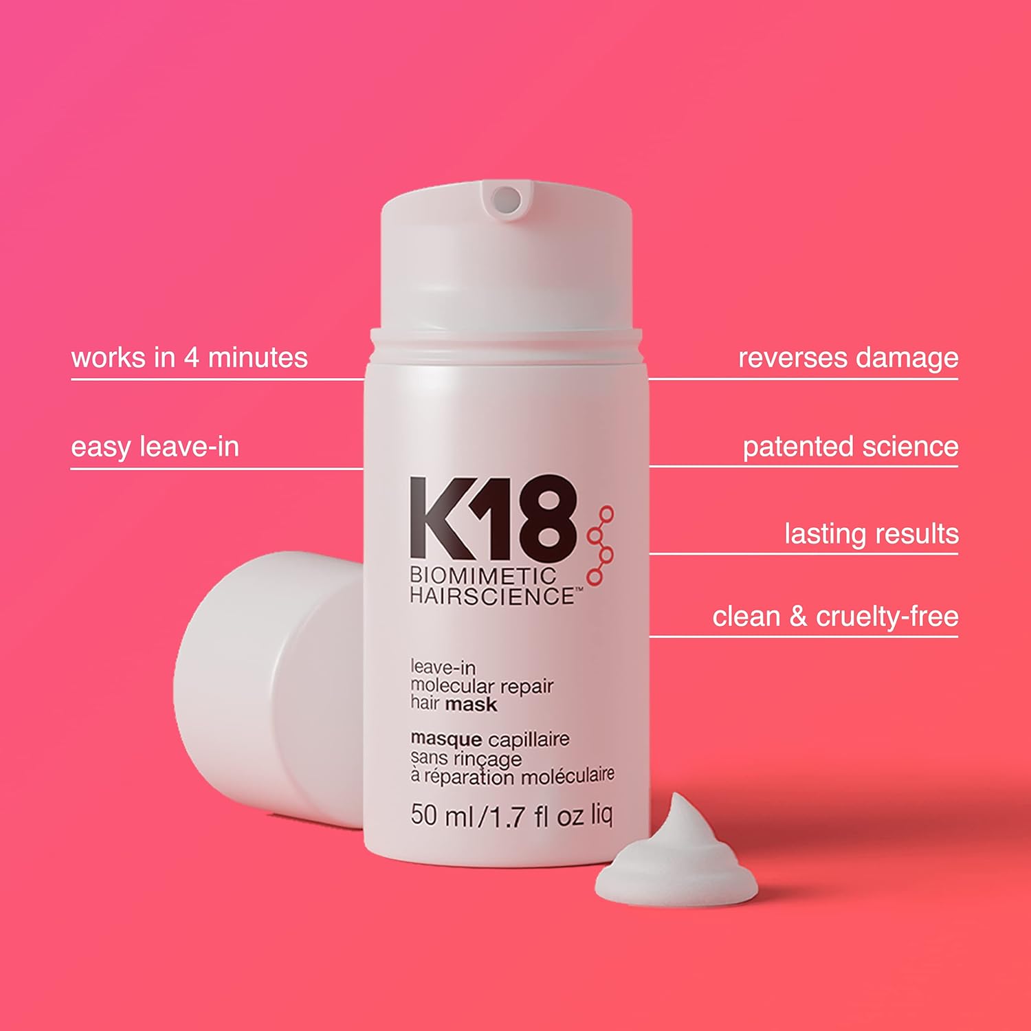 Mascarilla capilar molecular sin aclarado K18, repara el cabello seco o dañado, revierte el daño capilar causado por la decoloración, el tinte, los servicios químicos y el calor - 50ml