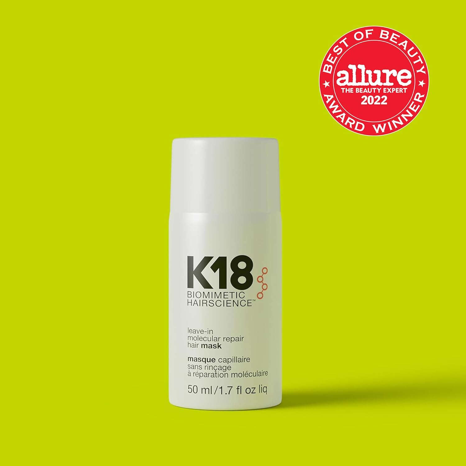Mascarilla capilar molecular sin aclarado K18, repara el cabello seco o dañado, revierte el daño capilar causado por la decoloración, el tinte, los servicios químicos y el calor - 50ml