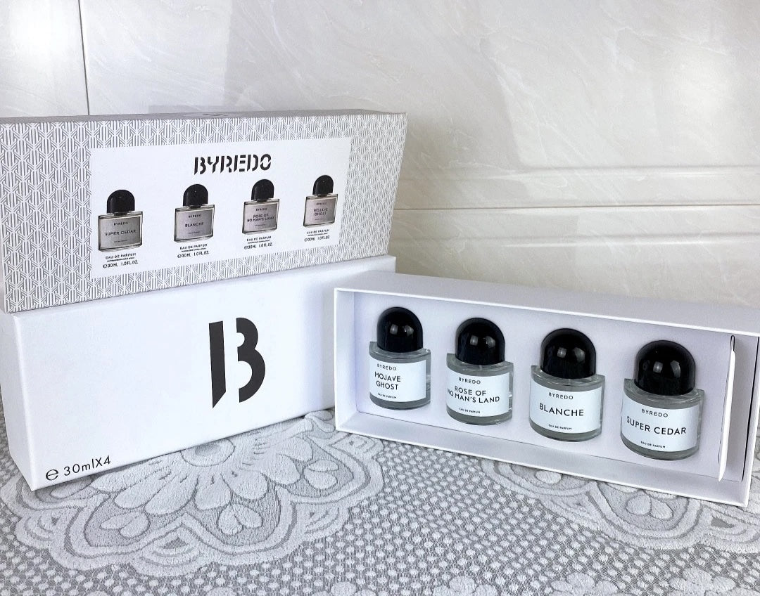 Byredo Perfume Gift Set (30ml x 4) - Super Cedar, Blanche, Mojave Ghost, Rose of No Man's Land Fragrance - High Quality Cologne for Women and Men