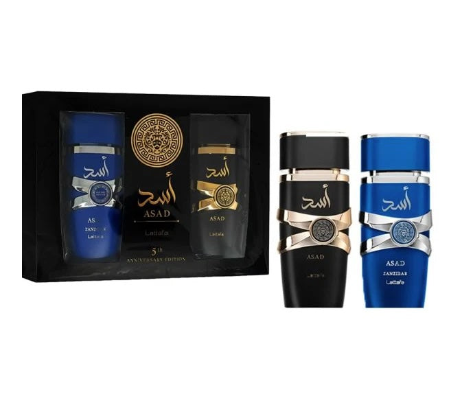 Set de regalo Lattafa Asad de 2 piezas (EDP 100 ml + Asad Zanzibar EDP 100 ml)