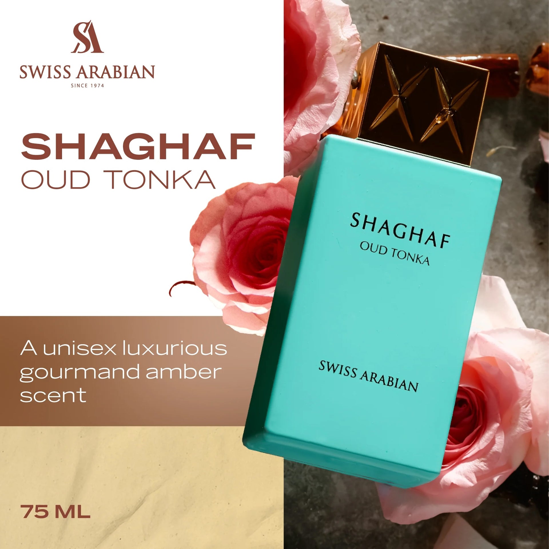 Swiss Arabian - Shaghaf Oud Tonka - Perfume de vainilla con fragancia de ámbar cálido - Atractivo terroso y amaderado - Encantadora fusión de perfume árabe - 75ml/2.5 oz