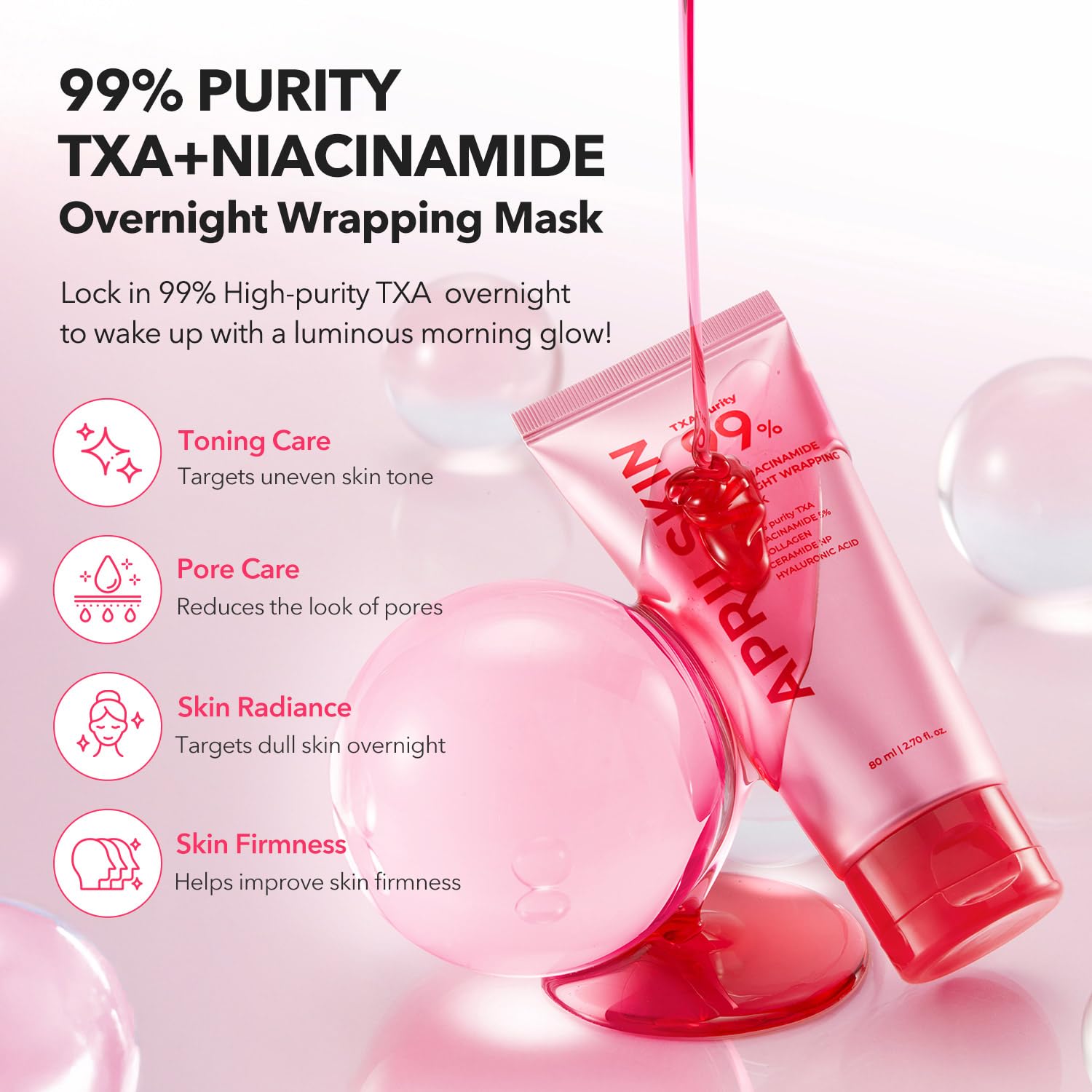 April Skin TXA Niacinamida Mascarilla Envolvente Nocturna 99 | 99% TXA de Alta Pureza + Niacinamida para Tono de Piel Irregular | Potenciador de Piel Nocturno para Cuidado Tonificante, Reafirmante y de Poros | 80ml, 2.70 fl.oz