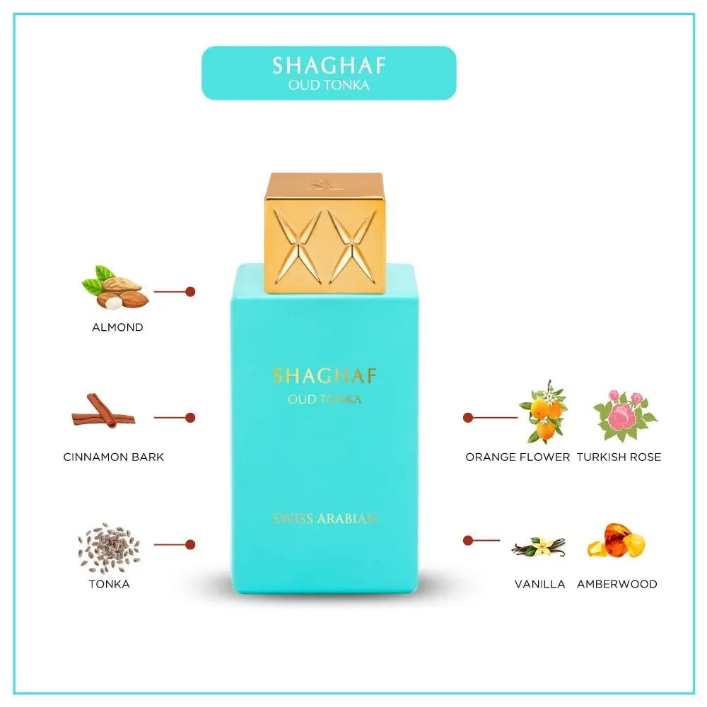 Swiss Arabian - Shaghaf Oud Tonka - Perfume de vainilla con fragancia de ámbar cálido - Atractivo terroso y amaderado - Encantadora fusión de perfume árabe - 75ml/2.5 oz